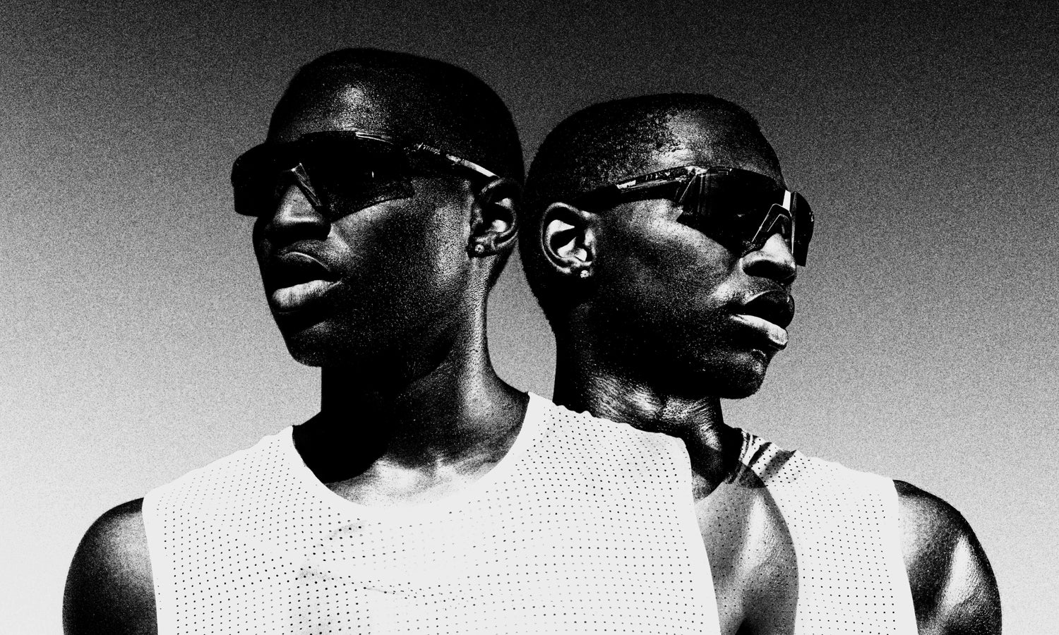 100Percent® A2 Running Sunglasses on a man duplicated on a grainy black/white background.