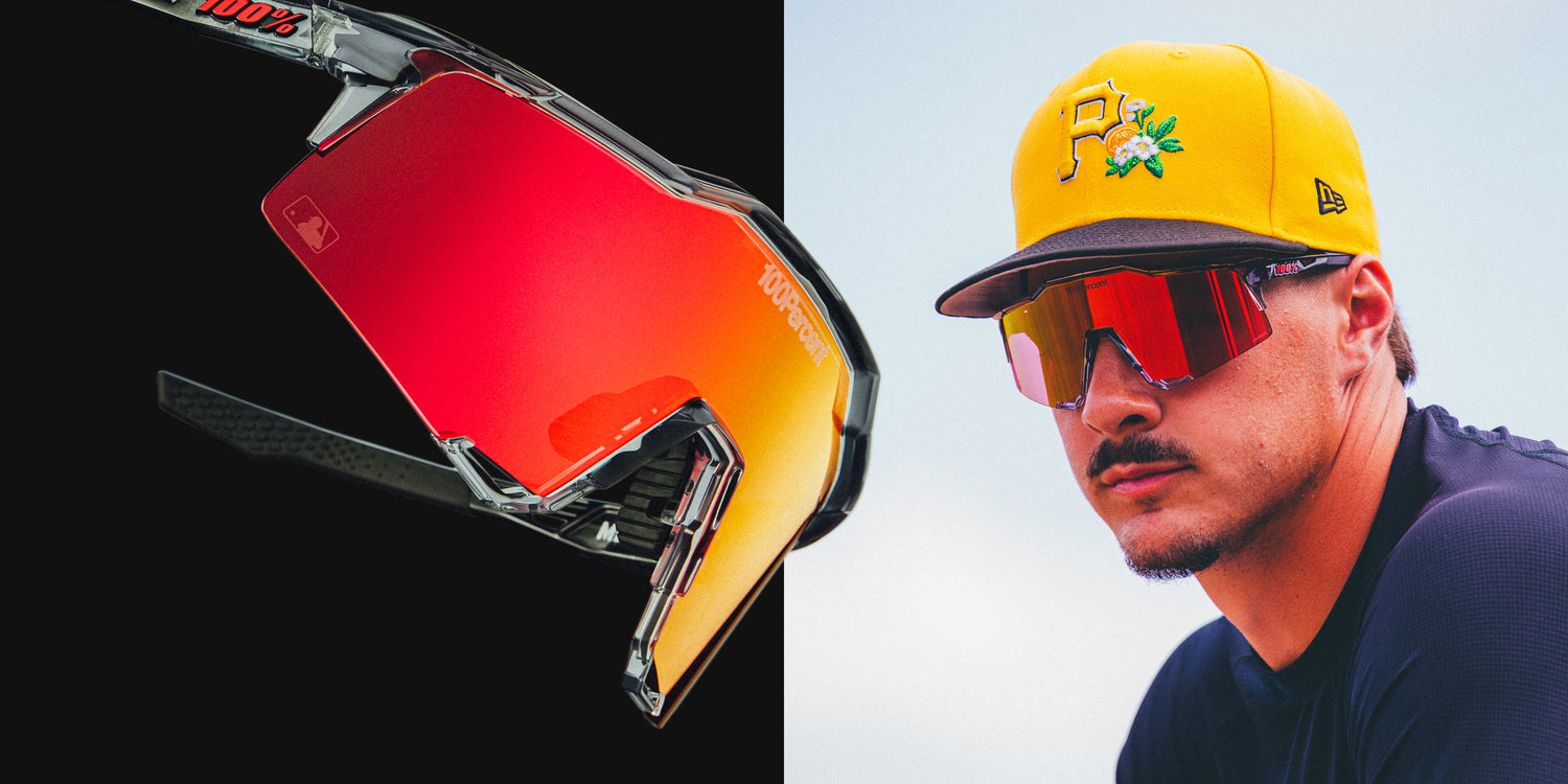 Konnor Griffin of the Pittsburgh Pirates on a white background wearing a pair of 100Percent MLB Authentics. On the left, a red mirror version of the MLB Authentic Speedcrafts on a black background.