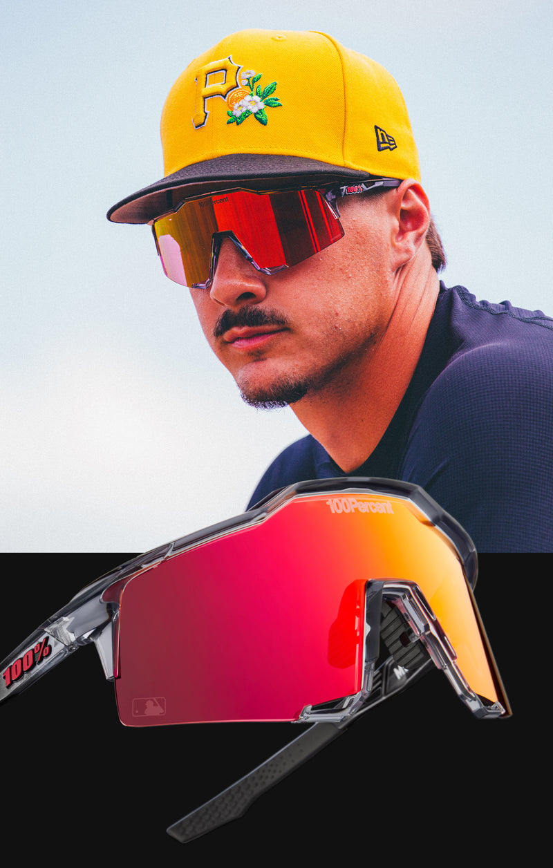 Konnor Griffin of the Pittsburgh Pirates on a white background wearing a pair of 100Percent MLB Authentics. On the left, a red mirror version of the MLB Authentic Speedcrafts on a black background.